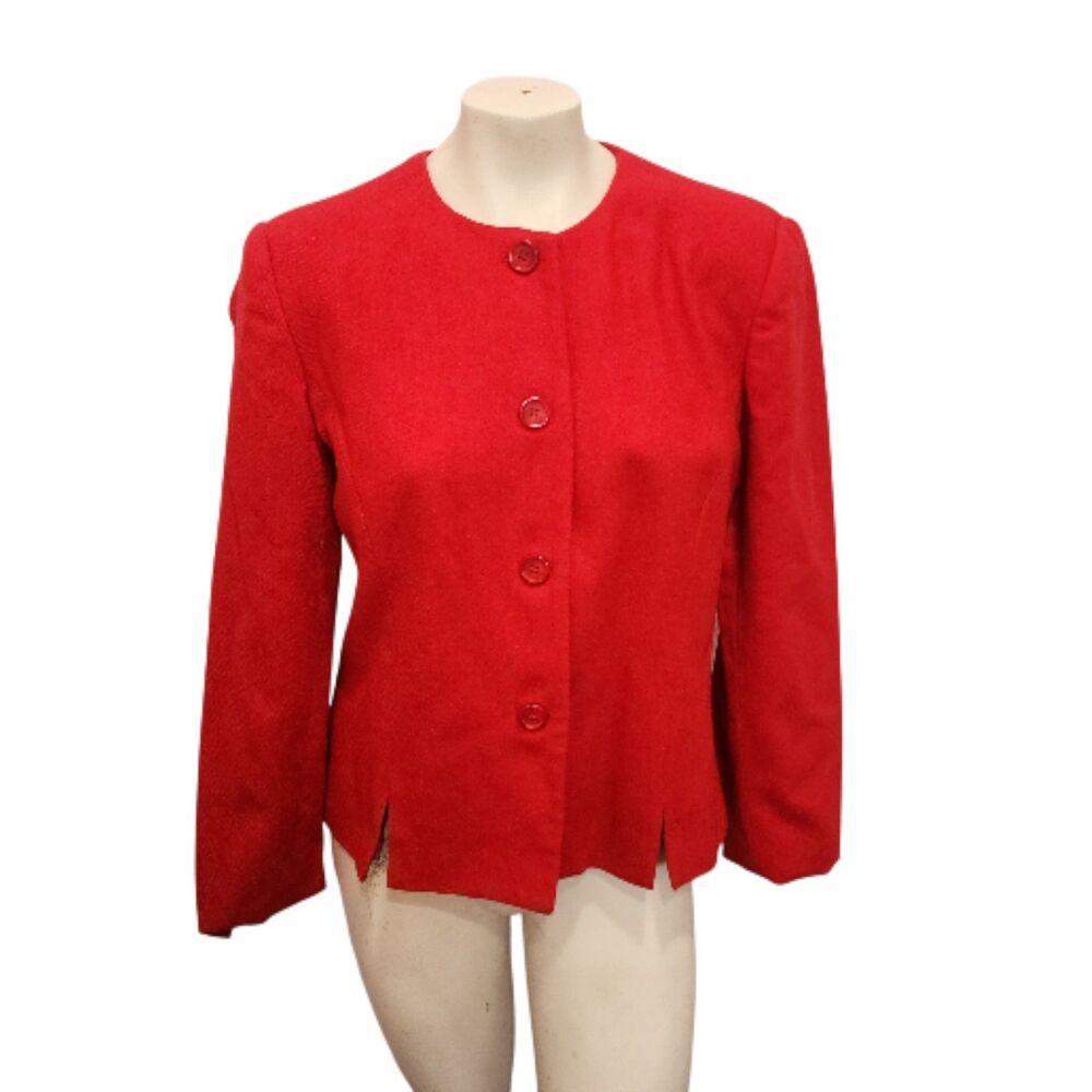 Vintage Leslie Fay Sportswear Red Wool Blazer‎ Jacket Size 14 Classic Button 90s